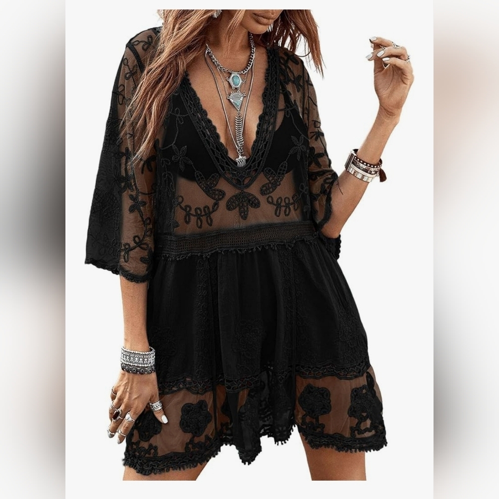 Nwt OS Eomenie Women's Contrast Lace Bathing Suit Cover Up V-Neck Swimsuit Cover